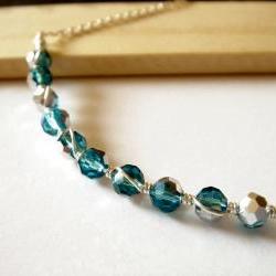 Half Silver Plated Aquamarine Swarovski Crystal Wire Wrapped Sterling Silver Necklace